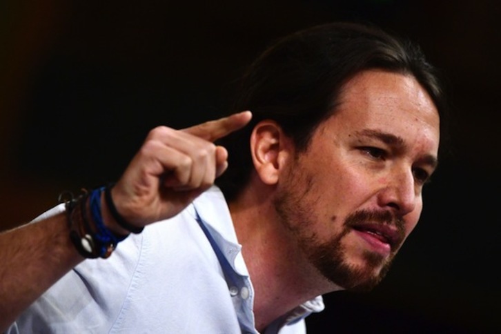 Pablo Iglesias, secretario general de Podemos, durante su alocución. (Gerard JULIEN/AFP)