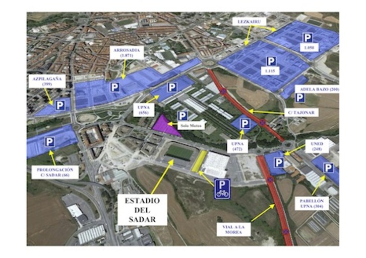 Plano con las zonas de aparcamiento cercanas a El Sadar. (AYUNTAMIENTO DE IRUÑEA)