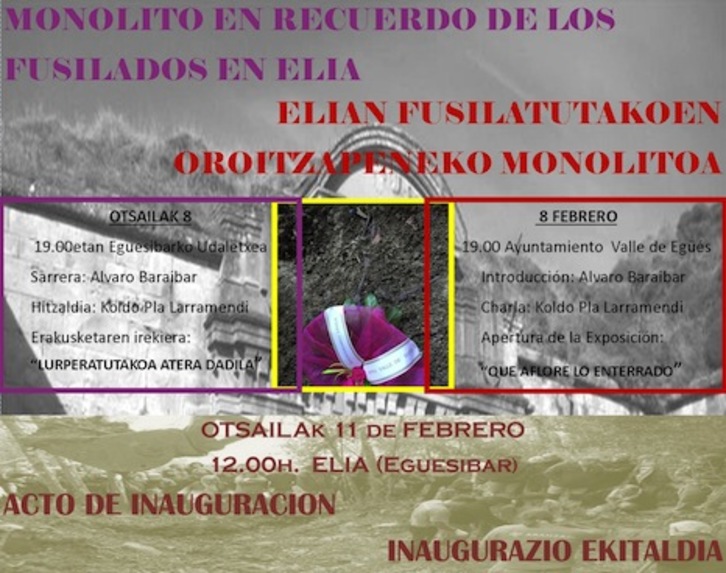 Cartel sobre la inauguración del monolito en recuerdo a tres personas fusiladas en Elia.