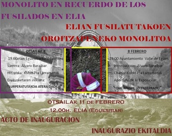 Cartel sobre la inaugración del monolito en recuerdo a tres personas fusiladas en Elia.