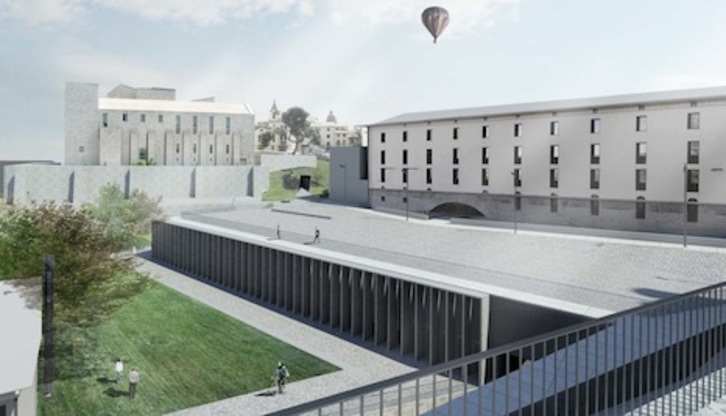 Recreación de cómo quedarían las huertas de Santo Domingo con el parking y el polideportivo, uno de los proyectos destacados de EH Bildu. (AYUNTAMIENTO DE IRUÑEA)