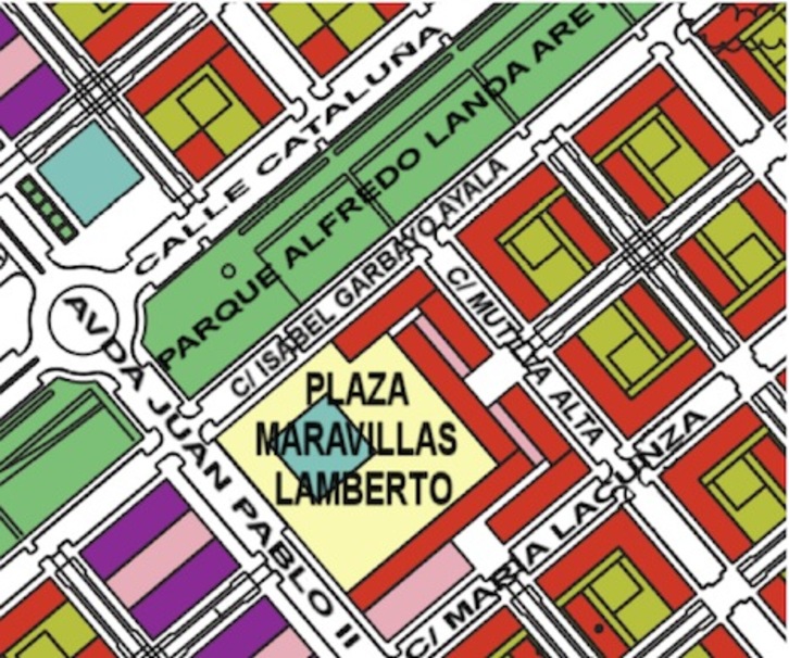 Mapa donde está señalada la nueva plaza dedicada a Maravillas Lamberto. (AYUNTAMIENTO DE IRUÑEA)