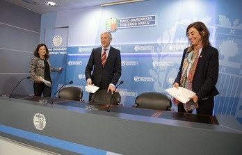Erkoreka, flanqueado por las consejeras Cristina Uriarte y Beatriz Artolazabal, en la rueda de prensa posterior al Consejo de Gobierno. (IREKIA)