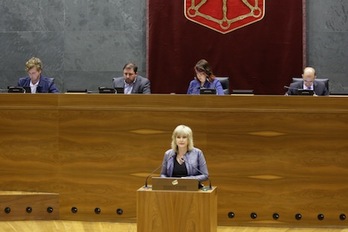 La consejera Ollo ha destacado el compromiso del Gobierno con la erradicación de la violencia sexual. (PARLAMENTO DE NAFARROA)
