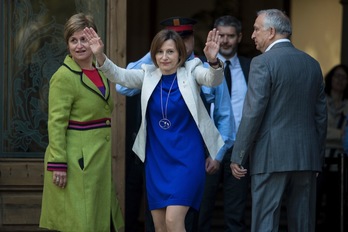 Forcadell y Simó, a su llegada al TSJC. (Josep LAGO/AFP PHOTO)