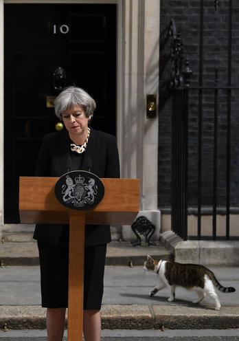 May, frente a las puertas de Downing Street. (Justin TALLIS/AFP)