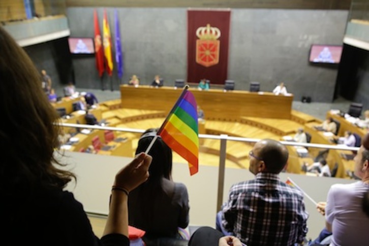 Un nutrido grupo del colectivo LGTBI+ ha asistido en la Cámara a la aprobación de la Ley de Igualdad Social. (PARLAMENTO DE NAFARROA)