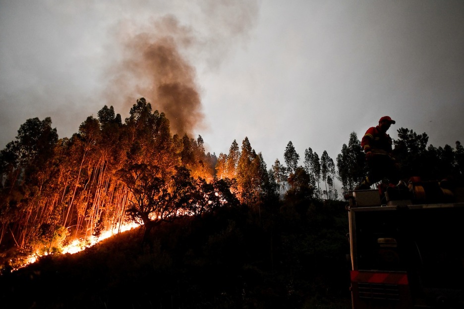 Un bombero observa el fuego en Penela, cerca de Coimbra. (Patricia DE MELO/AFP)