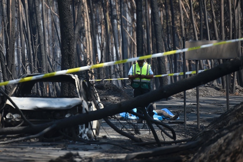 Un policía junto a una de las víctimas del incendio y un vehículo calcinado en Figueiro dos Vinhos. (Patricia DE MELO/AFP)