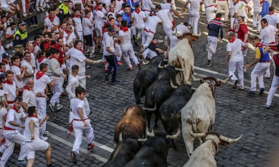 Toros y mansos pasan por la plaza Consistorial. (Lander FERNANDEZ DE ARROYABE/ARGAZKI PRESS) Toros y mansos pasan por la plaza Consistorial. (Lander FERNANDEZ DE ARROYABE/ARGAZKI PRESS)