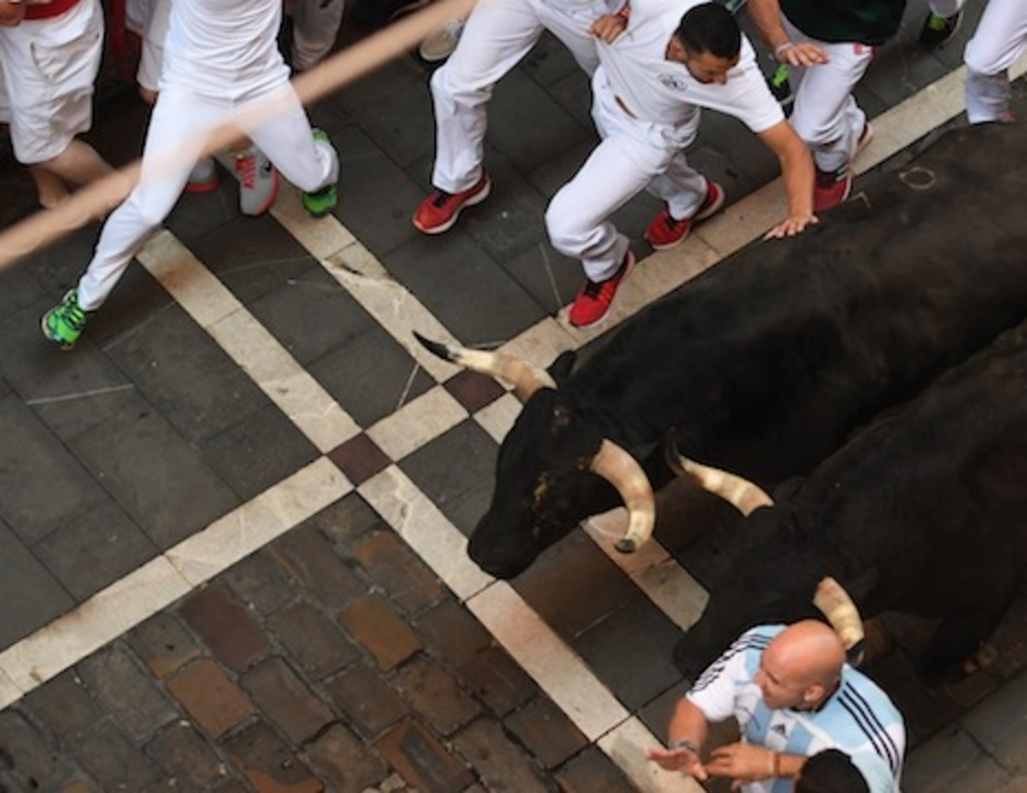 Dos astados negros abren la torada entre los mozos. (Jon URBE/ARGAZKI PRESS) Dos astados negros abren la torada entre los mozos. (Jon URBE/ARGAZKI PRESS)