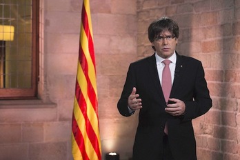 El president, Carles Puigdemont, durante el discurso institucional de la Diada. (Rubén MORENO/GENERALITAT)