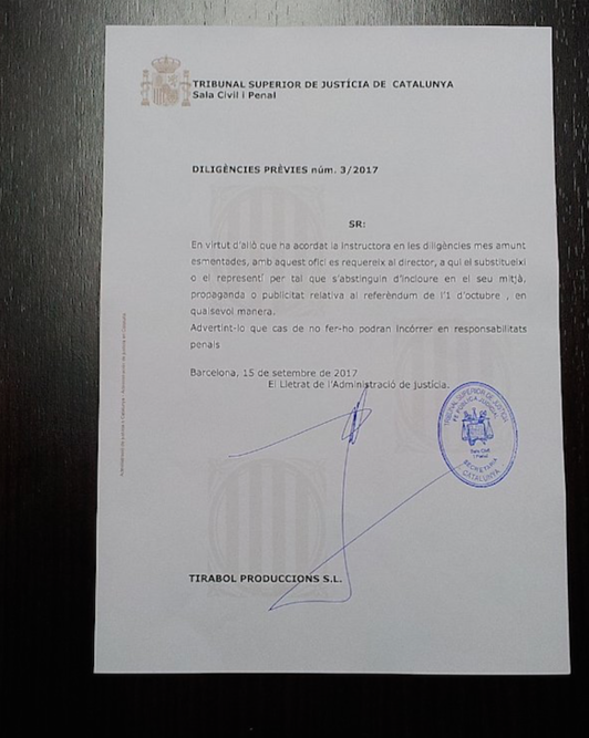 Notificación entregada a varios medios catalanes. (@socialpuntcat)