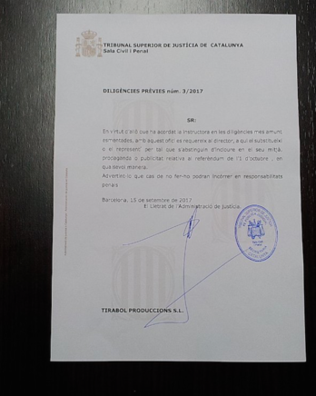 Notificación entregada a varios medios catalanes. (@socialpuntcat)