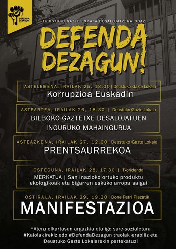 Actividades organizadas para esta semana en defensa del Gazte Lokala de Deustu.