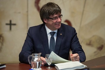 Carles Puigdemont, durante la reunión del Consell Executiu del martes. (Josep LAGO/AFP)