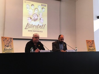 Agustí Alcoberro, de la ANC, y Marcel Mauri, de Òmnium, en la presentación de la manifestación del sábado. (@assemblea)