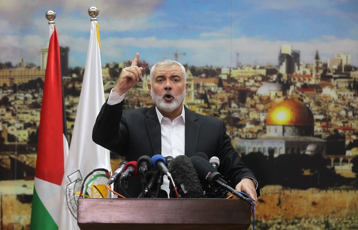 Ismail Haniya, líder de Hamas, durante la comparecencia de hoy. (Said KHATIB / AFP)