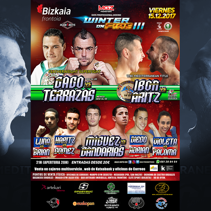 Cartel con los combates de la velada Winter on Fire. 