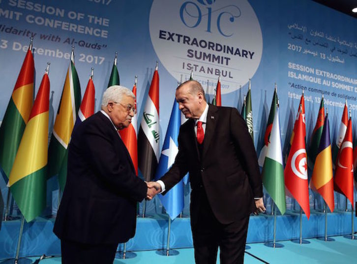 Saludo entre Abbas y Erdogan en la cita de Estambul. (Yasin BULBUL/AFP)