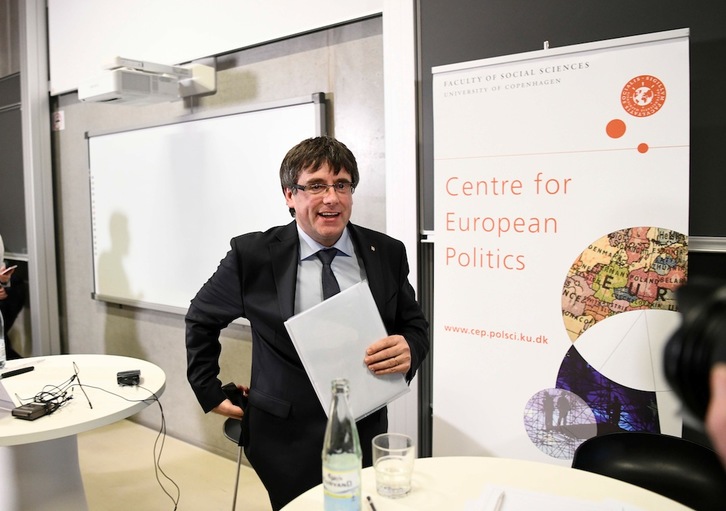 Puigdemont, tras la conferencia en la Universidad de Copenhague. (Jonathan NACKSTRAND / AFP)