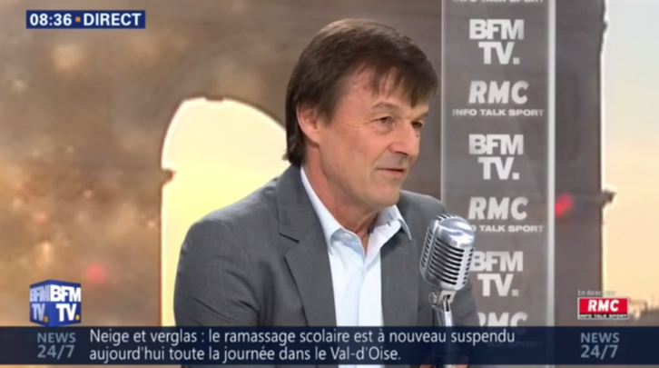 El ministro Nicolas Hulot, entrevistado en la cadena televisiva ‘BMFTV’. (@BFMTV)