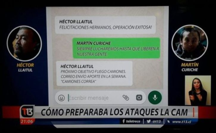 Tele 13 reprodujo los supuestos mensajes que se enviaron varios de los comuneros mapuche.