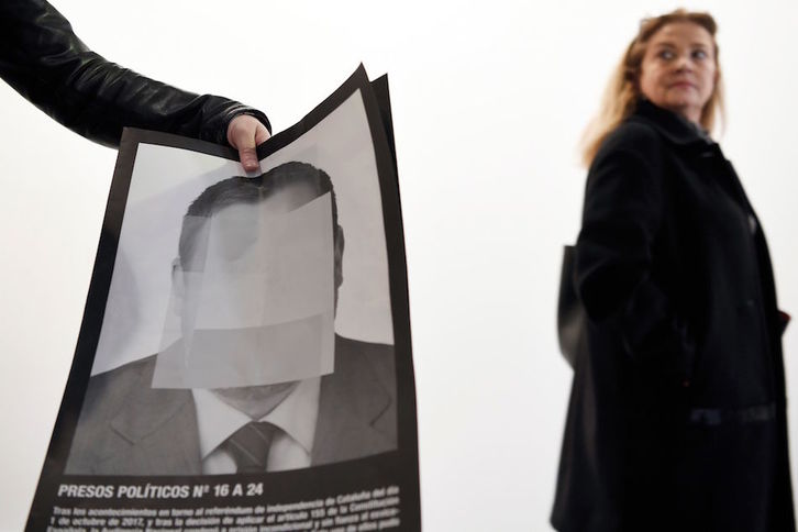 La imagen de Oriol Junqueras que forma parte de la obra ‘Presos Políticos’ retirada de ARCO. (Gabriel BOUYS / AFP)