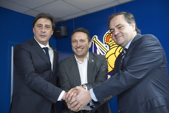 Loren y Eusebio, junto al presidente de la Real, Jokin Aperribay. (Juan Carlos RUIZ/FOKU)