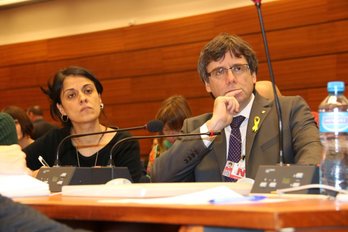 Anna Gabriel y Carles Puigdemont, hoy en la sede de la ONU en Ginebra. (@JuntsXCat)