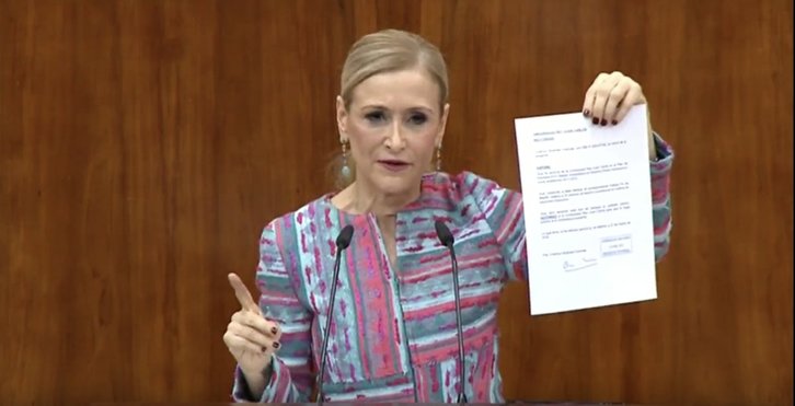 La presidenta de la Comunidad de Madrid, Cristina Cifuentes, durante su comparecencia ante la Asamblea regional. (@cifupresidenta)