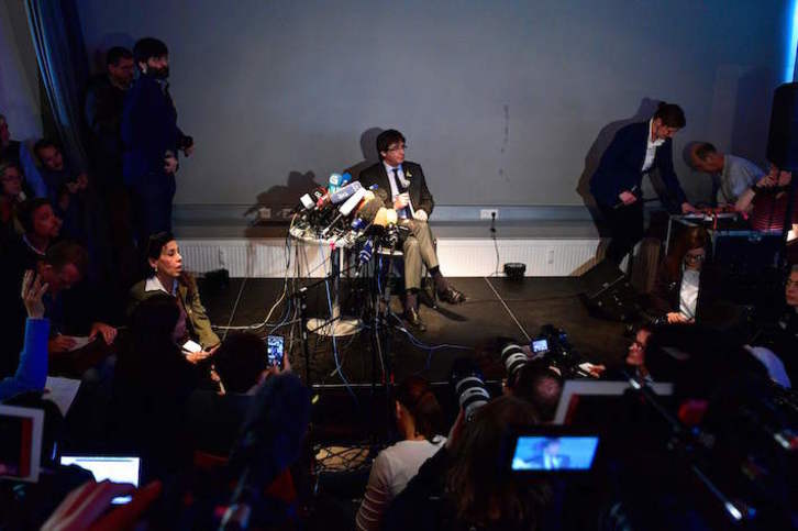 Puigdemont, durante su comparecencia en Berlín. (John MACDOUGALL/AFP)