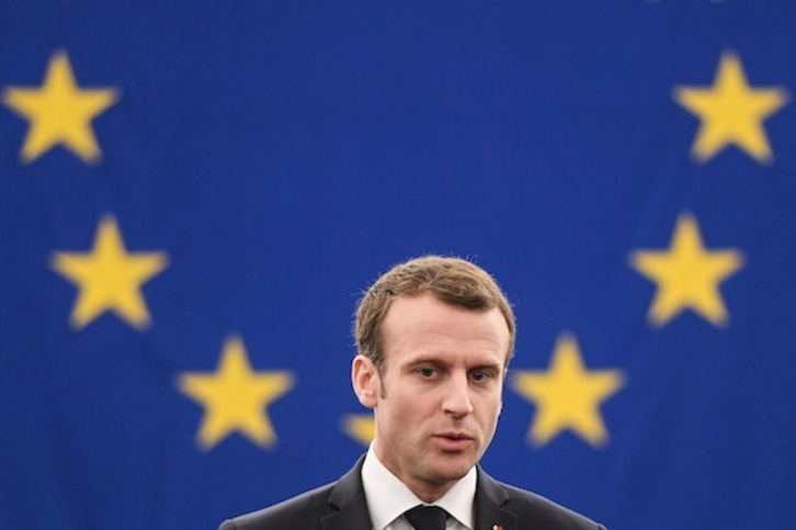 El presidente francés, Emmanuel Macron, durante su intervención en el Parlamento Europeo. (Frederick FLORIN/AFP)