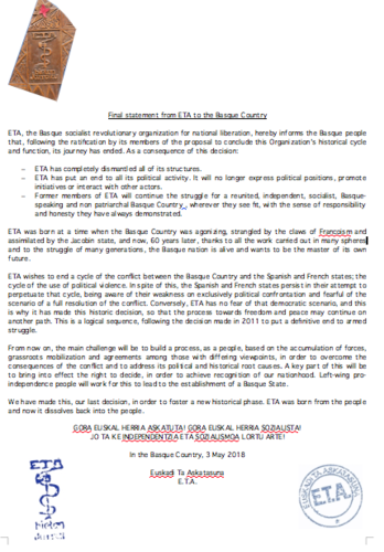 Final statement from ETA to the Basque Country