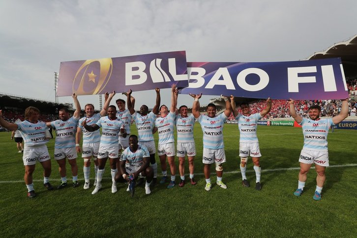 Racing 92 taldeko jokalariak Bilboko finalerako sailkapena ospatzen. (@championscup)