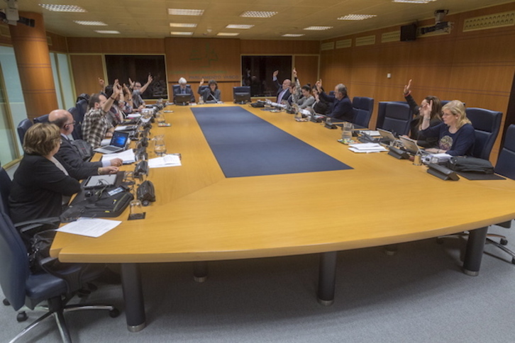 Todos los representantes alzan la mano para votar a favor, salvo los del PP. (Juanan RUIZ / FOKU)