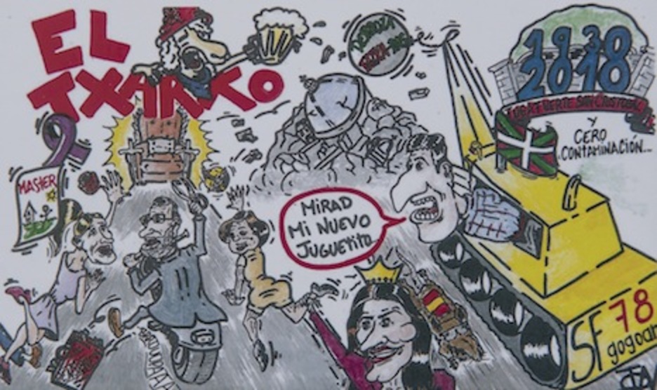 La tela de El Txarko tiene como protagonista al alcalde Joseba Asiron, Rajoy, Letizia y recuerda los 80 años de la fuga de Ezkaba.