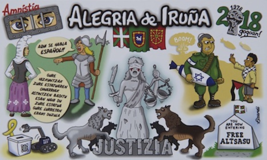 La Alegría de Iruñea amplía el foco y a las referencias a Altsasu y ‘La Manada’ ha unido el euskara, el proces catalán e incluso la situación de los palestinos.