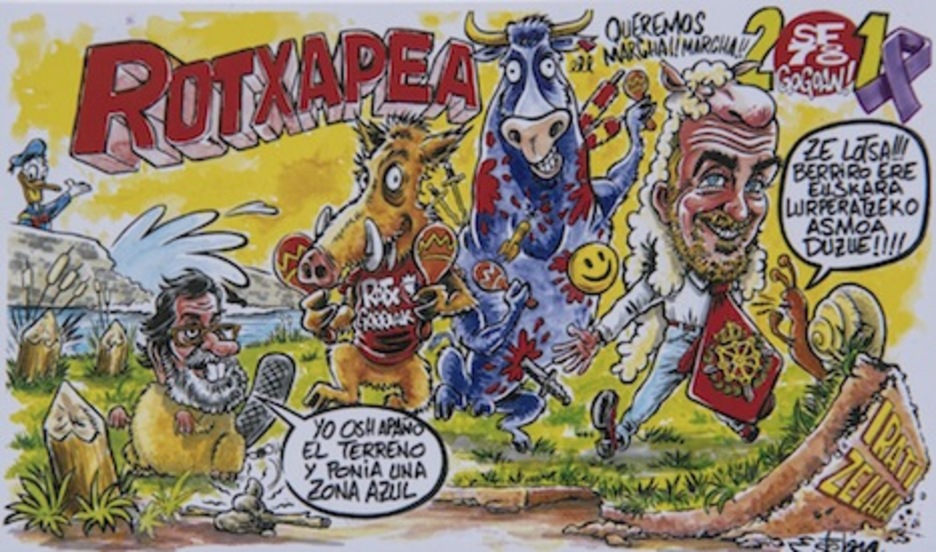 Un castor del Arga con cierto parecido con Rajoy, un jabalí, un toro masacrado, un caracol y un Esparza con piel de cordero aparecen en la tela de Rotxapea.