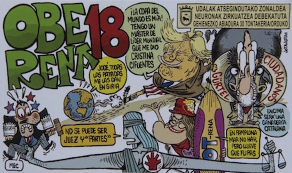 En la tela de Oberena aparece Donald Trump haciendo de las suyas junto a un Rajoy amenazado por Gürtel y Ciudadanos, y un juez cogido por sus partes por la Justicia.