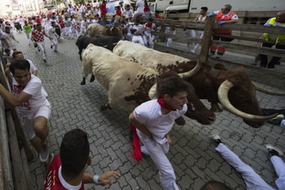 Un manso golpea con su cuerno derecho a un corredor que no se aparta a tiempo. (Gorka RUBIO/FOKU) Un manso golpea con su cuerno derecho a un corredor que no se aparta a tiempo. (Gorka RUBIO/FOKU)