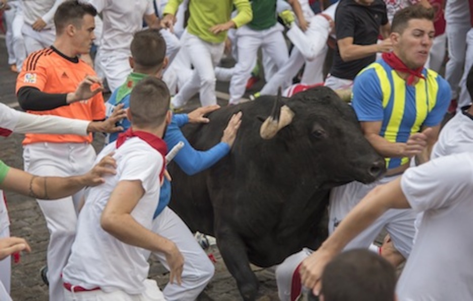 Uno de los astados negro mulato pone en apuros a un corredor. (Andoni CANELLADA/FOKU) Uno de los astados negro mulato pone en apuros a un corredor. (Andoni CANELLADA/FOKU)