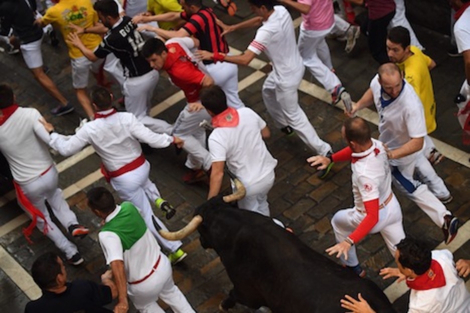 Un bravo de Victoriano del Río avanza rodeado de corredores. (Jon URBE/FOKU) Un bravo de Victoriano del Río avanza rodeado de corredores. (Jon URBE/FOKU)