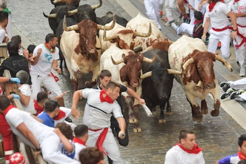 La torada asciende por Santo Domingo poniendo en apuros a algunos corredores. (Idoia ZABALETA/FOKU) La torada asciende por Santo Domingo poniendo en apuros a algunos corredores. (Idoia ZABALETA/FOKU)