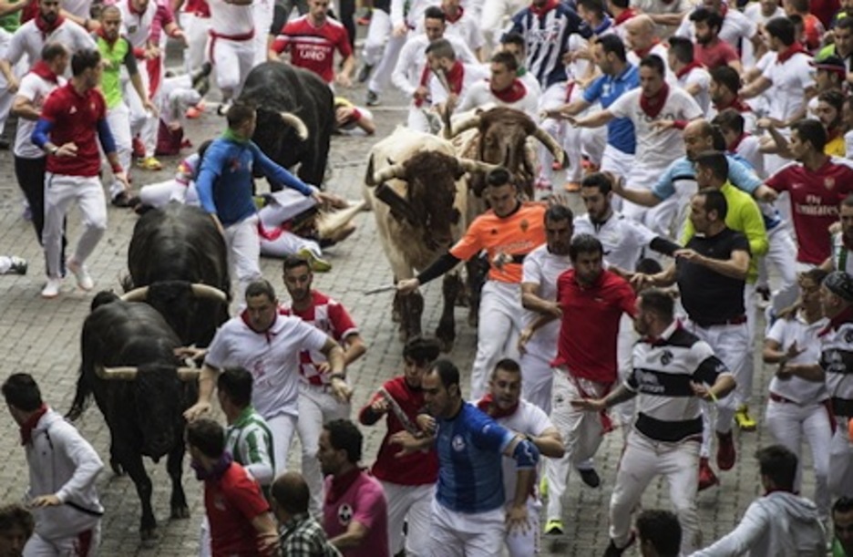 Varios astados de Victoriano del Río se abren paso entre los corredores en el callejón. (Jagoba MANTEROLA/FOKU) Varios astados de Victoriano del Río se abren paso entre los corredores en el callejón. (Jagoba MANTEROLA/FOKU)