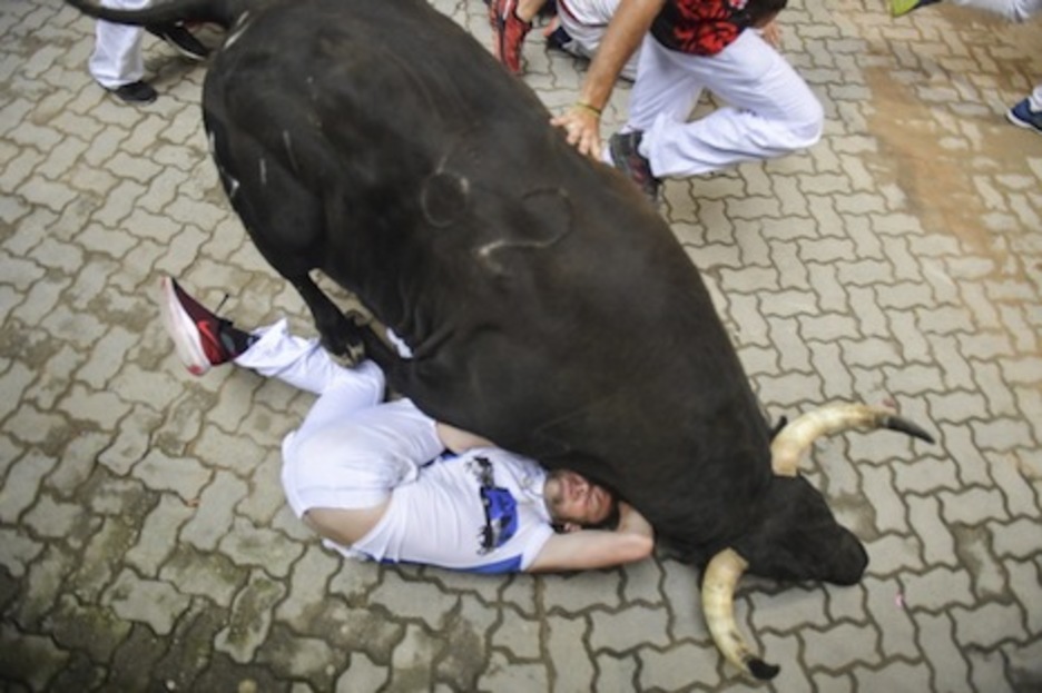 El mozo encaja el impacto de los 505 kilos de Incauto. (Idoia ZABALETA/FOKU) El mozo encaja el impacto de los 505 kilos de Incauto. (Idoia ZABALETA/FOKU)
