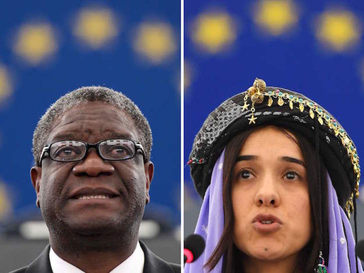 Denis Mukwege y Nadia Murad, en una comparecencia en el Parlamento Europeo. (FREDERICK FLORIN / AFP)