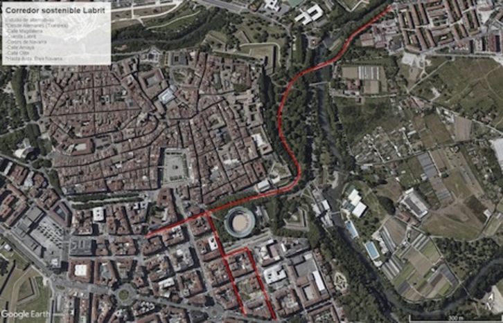 Mapa con la propuesta de corredor del Labrit de Iruñea. (AYUNTAMIENTO DE IRUÑEA)