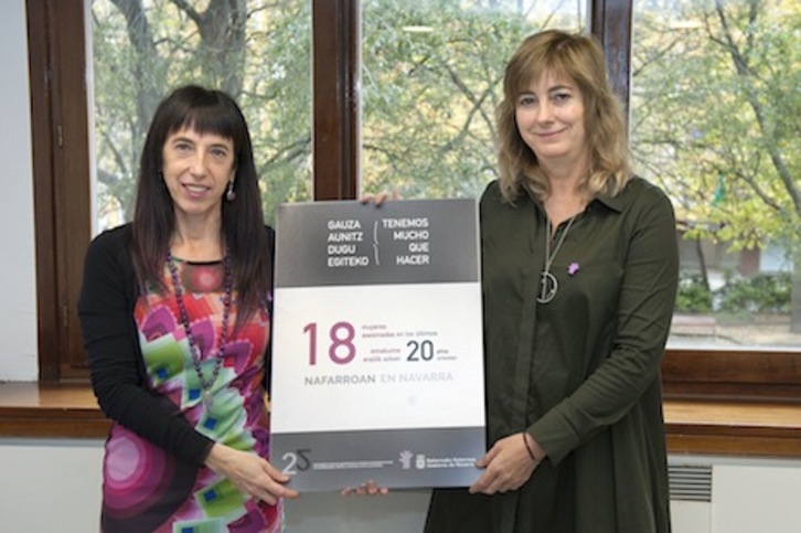 Mertxe Leranoz y Ana Ollo, con el cartel de la campaña del Ejecutivo navarro de cara al 25N. (GOBIERNO DE NAFARROA)