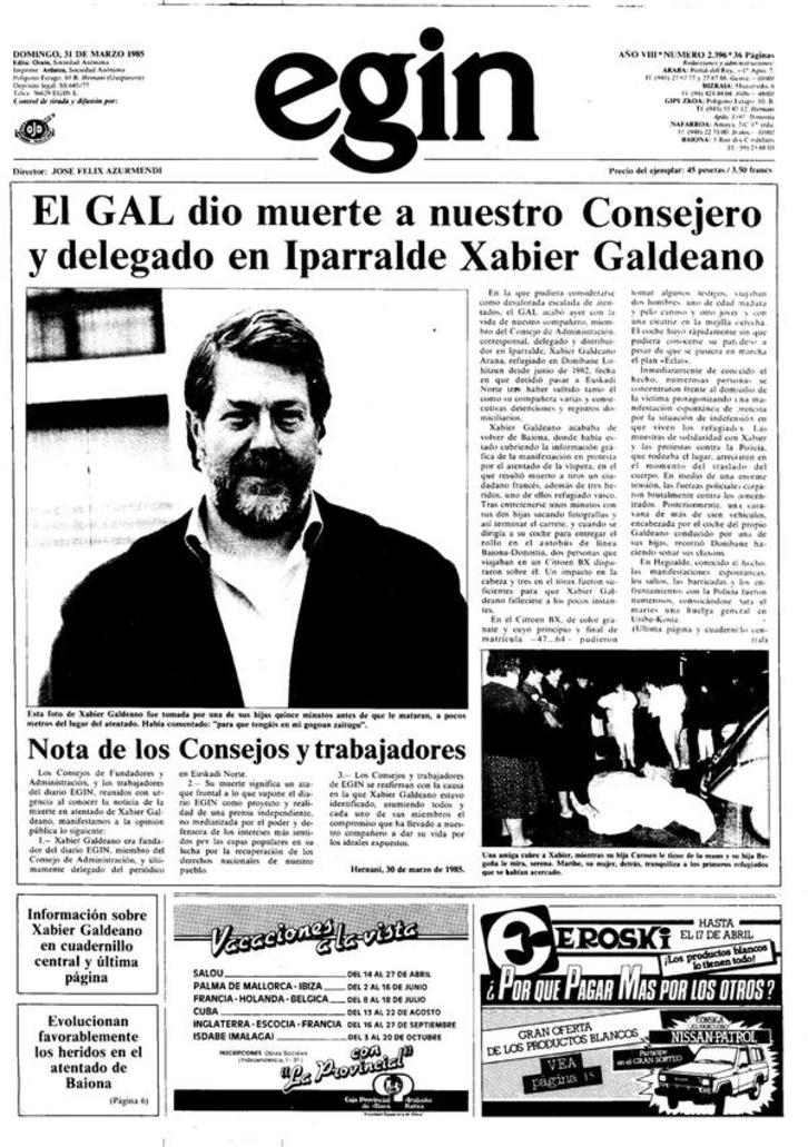 Portada de EGIN el 31 de marzo de 1985
